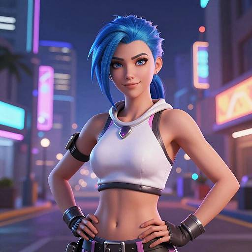 CGI image of a blue-haired, anime-style woman in a white crop top, black gloves, and arm bands, standing confidently on a neon-l