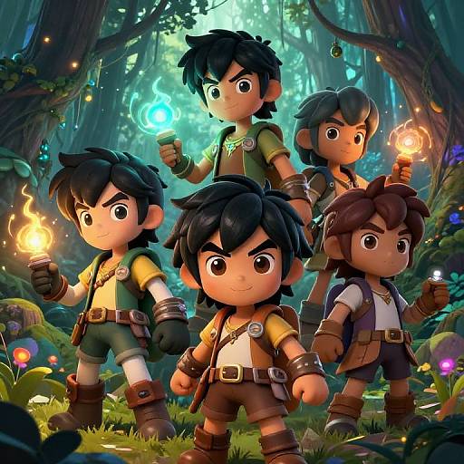 CGI image of four chibi-style adventurers with dark hair, holding glowing torches in a vibrant, enchanted forest with glowing mushrooms.