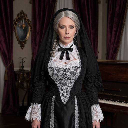 Photograph of a stern, fair-skinned woman with silver braided hair, wearing a black and white lace Victorian-style nun outfit, standing in an