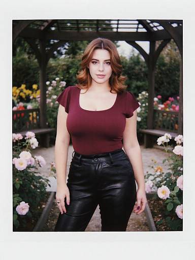 Photograph of a curvy woman with fair skin and brown hair, wearing a maroon top and black leather pants, standing in a floral garden under