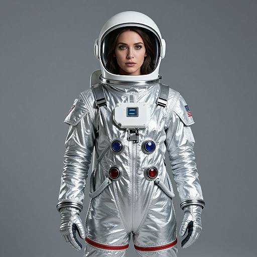 Photograph of a woman in a silver, reflective space suit with a white helmet, blue and red control buttons, standing against a gray background.