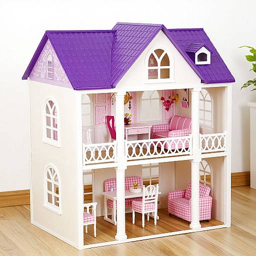 Photograph of a white two-story dollhouse with purple roof, pink checkered furniture, white railing, and wooden floor.