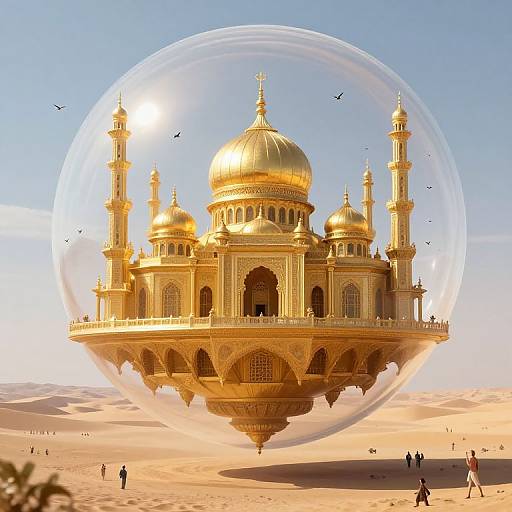 Digital illustration of a golden, dome-topped Islamic-style building with multiple minarets, floating in a desert, enclosed in a transparent bubble, with