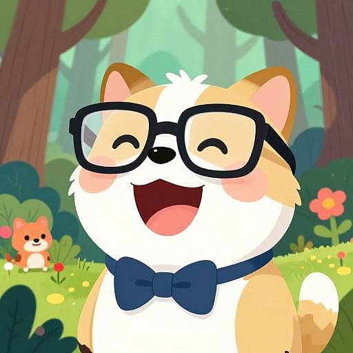 Cartoon-style image of a happy, chubby corgi with large black glasses and a blue bowtie, smiling in a colorful forest.