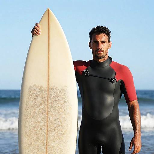 Muscular Surfer with Wooden Board in Ocean