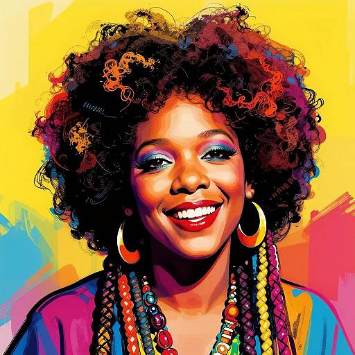 Vibrant digital portrait of a smiling Black woman with curly hair, colorful makeup, large hoop earrings, and beaded necklace against a yellow and pink