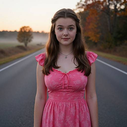 Young Woman on Rural Highway at Sunset