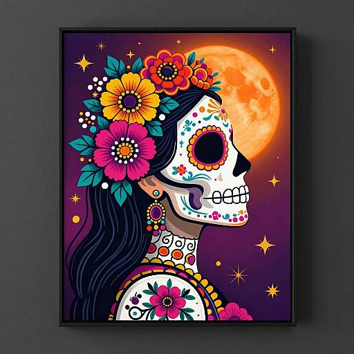 Digital art: Vibrant Día de los Muertos portrait of a female skull with black hair, colorful flowers, and large orange moon.