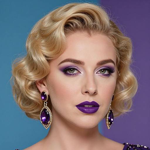 Photograph of a blonde woman with vintage curled hair, purple eyeshadow, matching lipstick, and dangling purple gem earrings, against a blue-purple gradient
