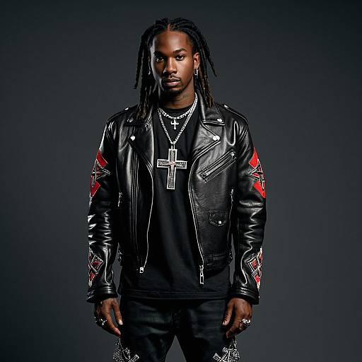 Black Man in Black Leather Jacket with Cross Necklace