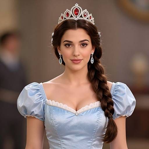 Photograph of a young woman with fair skin, long dark brown hair in a braid, wearing a silver tiara, light blue satin dress with