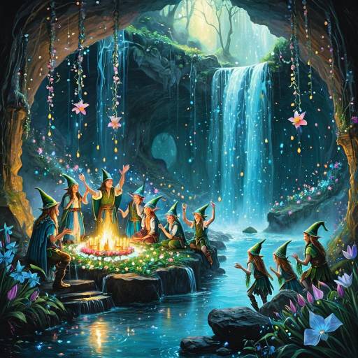 Elves Celebrating Dawn in Enchanted Waterfall Cave