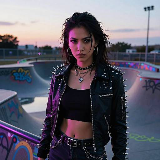Fierce Punk Woman in Neon Skatepark