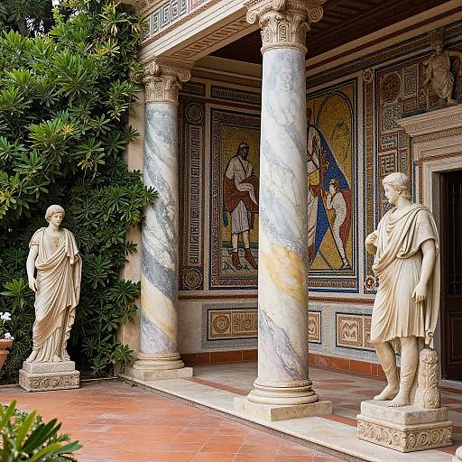 Photograph of two detailed marble statues of robed ancient figures flanking a classical building with ornate mosaic murals and marble columns. Leafy green