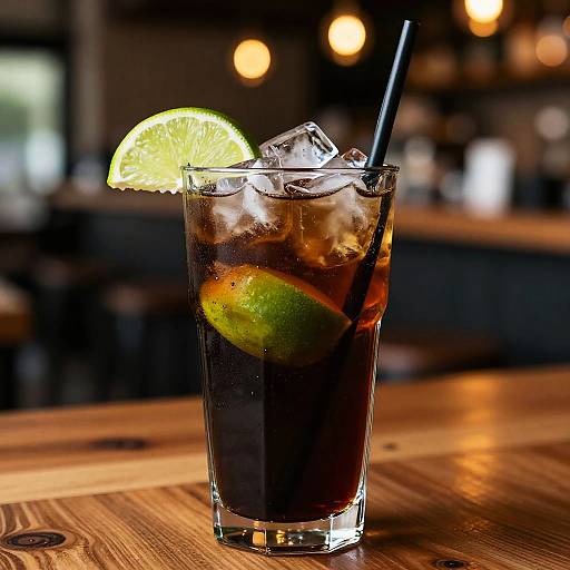 Photograph of a dark rum cocktail with ice, lime slice, and wedge, garnished with a lime wheel, on a wooden bar counter. Bl