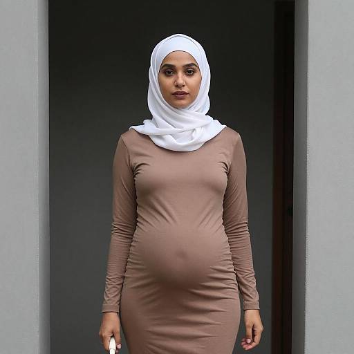 Pregnant Woman in Brown Dress with Hijab