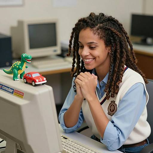 Smiling Woman Using Commodore Computer with Toys