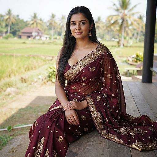 Photograph of a beautiful Indian woman with long black hair, wearing a maroon saree with gold embroidery, sitting on a wooden porch, with a