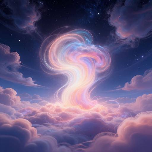 Digital artwork of a glowing, swirling cloud formation rising from a sea of fluffy clouds under a starry, twilight sky.