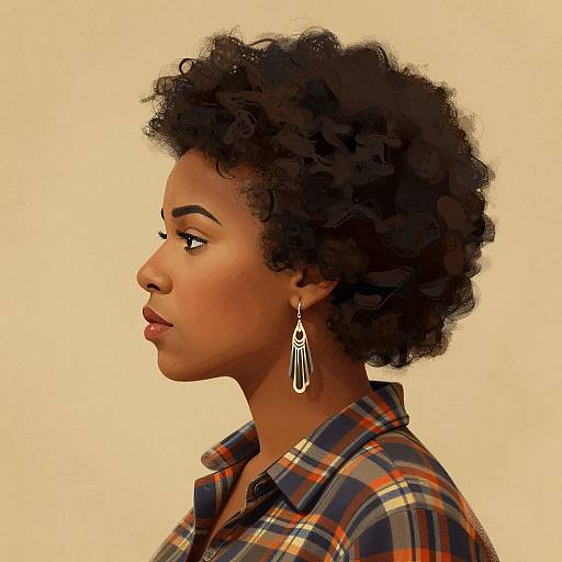 Digital portrait of a young Black woman with curly hair, wearing a plaid shirt and teardrop earrings, against a beige background.