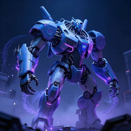 Digital art of a towering, blue and purple robotic warrior with glowing neon accents, standing in a misty, dark sci-fi environment.