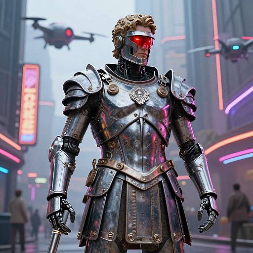 Photorealistic CGI of a futuristic, armored robot with red eyes standing in a neon-lit, cyberpunk city street at night.