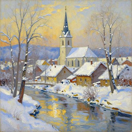 Impressionist painting of a snowy village with a church steeple, illuminated by a golden sunset, reflecting in a frozen stream.