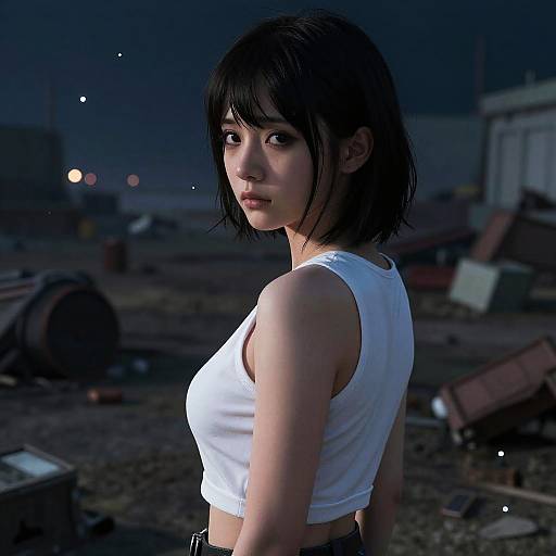 Digital art of a young woman with short black hair, wearing a white crop top, standing in a dark, industrial, nighttime setting.