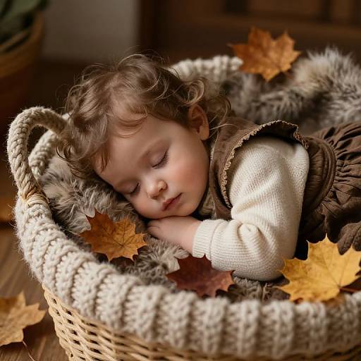 Photograph of a sleeping baby with curly brown hair, wearing a white long-sleeve shirt and brown vest, nestled in a cozy wicker basket