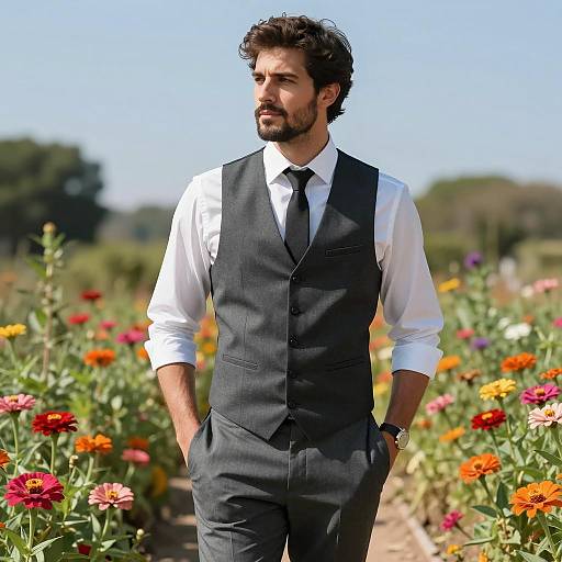Handsome Man in Colorful Flower Garden