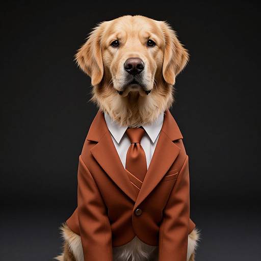 Photograph of a golden retriever wearing a brown suit jacket, white shirt, and matching tie, seated against a black background.