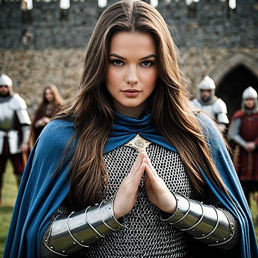 Medieval Female Warrior in Chainmail and Blue Cape