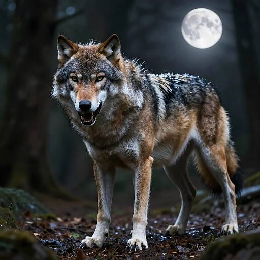 Angry Alpha Wolf Snarling in Moonlight