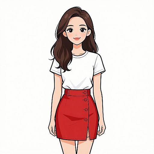 Digital anime-style drawing of a young woman with long brown hair, wearing a white t-shirt and red buttoned skirt, smiling against a white background.