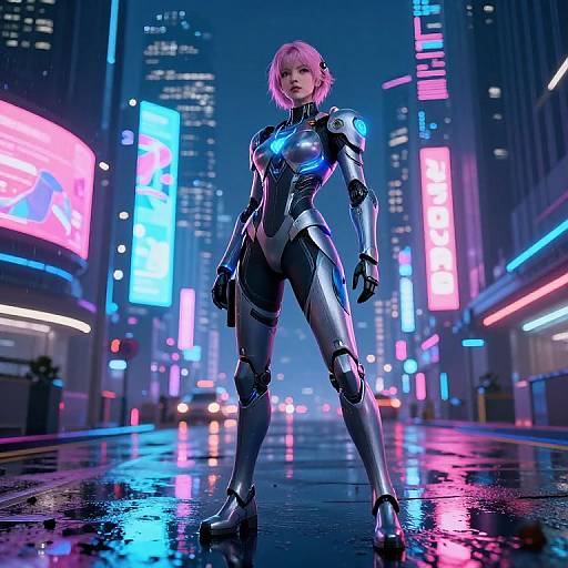 Digital CGI of a pink-haired woman in a sleek, blue and black futuristic bodysuit, standing confidently in a neon-lit, rainy urban street