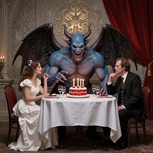 Photograph of a wedding table with a blue, muscular demon with black wings, between a bride and groom, candlelit cake centerpiece.