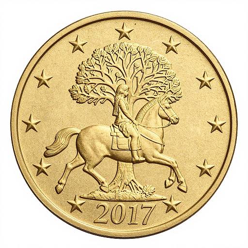 Gold-colored coin with a horse and rider under a tree, surrounded by stars, and the year 