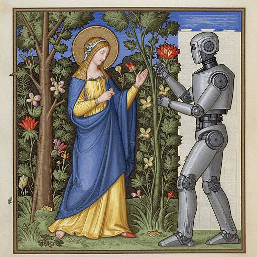 Medieval-style illustration of a human woman in blue and yellow robes, with a halo, offering a flower to a silver robot, surrounded by vibrant flowers