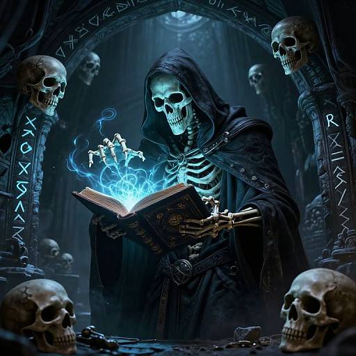 Digital artwork of a skeletal figure in a dark hooded cloak, casting blue magical flames from an open book, surrounded by skulls in a dark, eerie