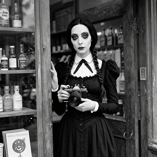 Black-and-white photograph of a gothic woman with pale skin, dark braided hair, and black dress, holding a camera, standing in a vintage