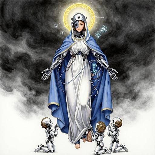 Digital illustration of a cybernetic Virgin Mary in white and blue robes, surrounded by four small robotic angels, halo glowing, dark cloudy background.