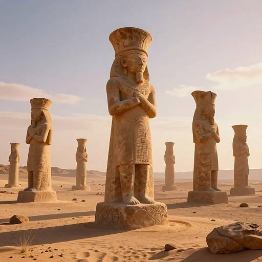 Photograph of ancient Egyptian sandstone statues in a desert, featuring tall figures with headdresses and detailed carvings, bathed in golden sunlight.