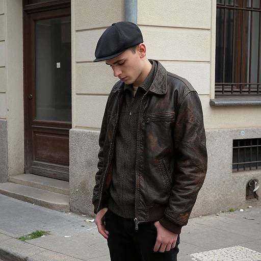 Photograph of a young Caucasian man with fair skin, wearing a black flat cap, leather jacket, and black shirt, standing on a city sidewalk with
