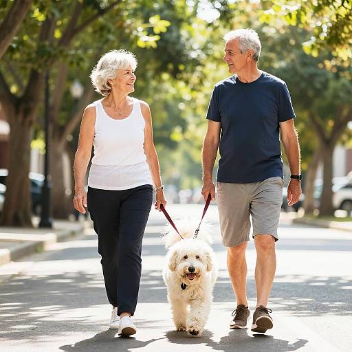 Elderly Couple Walking Dog Outdoors