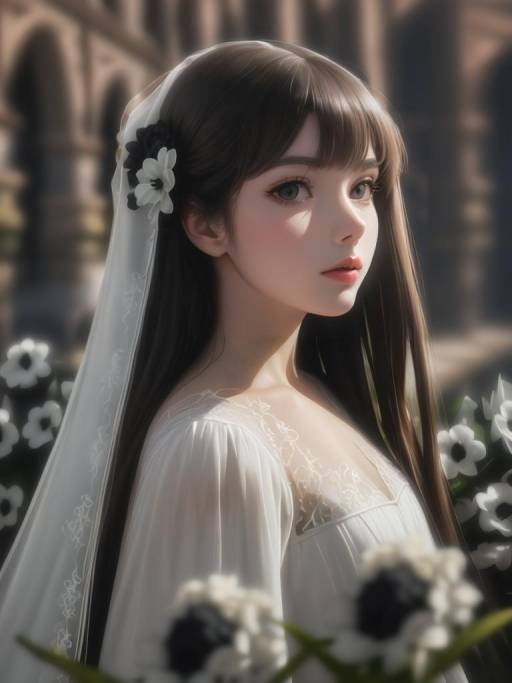 Brunette Woman in White Dress with Veil
