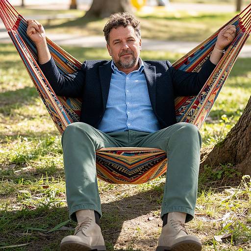 Middle-aged Man Relaxing in Hammock Outdoors