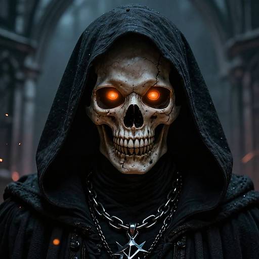 Digital artwork of a skeletal figure with glowing orange eyes, hooded black cloak, and silver chain necklace, set in a dark, gothic arched