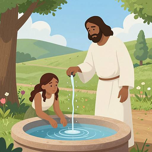 Digital illustration of a bearded man in white robes pouring water from a jug into a circular blue well, with a young girl in a white dress beside