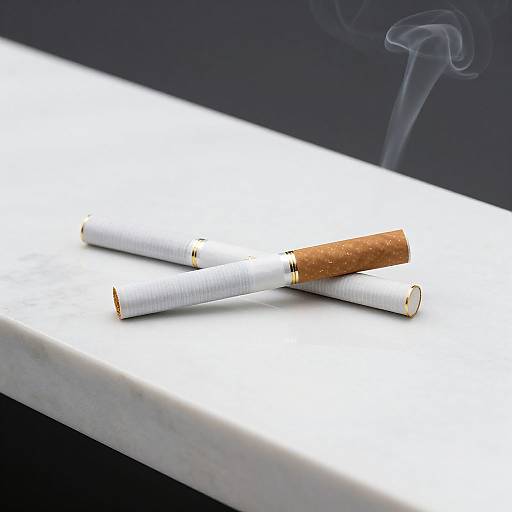 Photograph of three white cigarettes with brown tips, lying on a white surface, against a dark blue background, with a small wisp of smoke rising