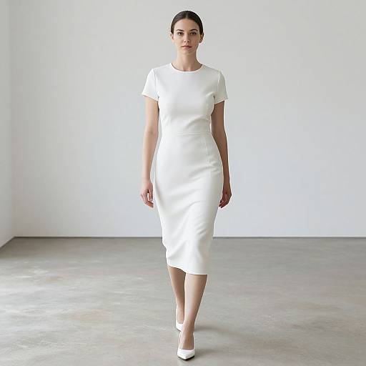 Photograph of a woman with dark hair in a sleek bun, wearing a fitted white short-sleeve knee-length dress and white heels, walking in